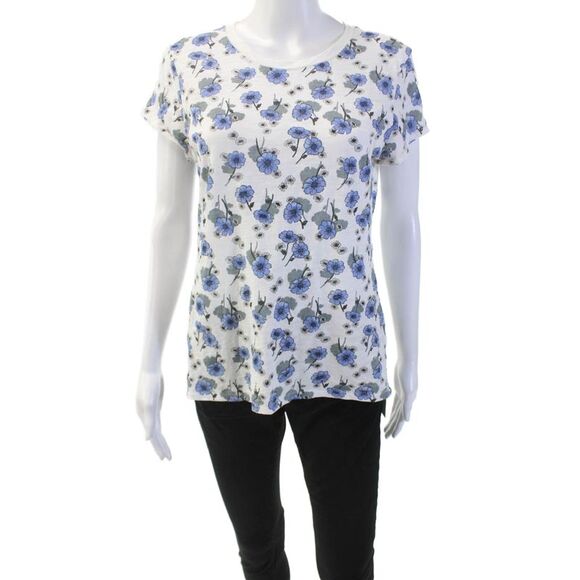Goldie Tops - Goldie Womens Floral Print Short Sleeves Shirt White Blue Cotton Size Large
